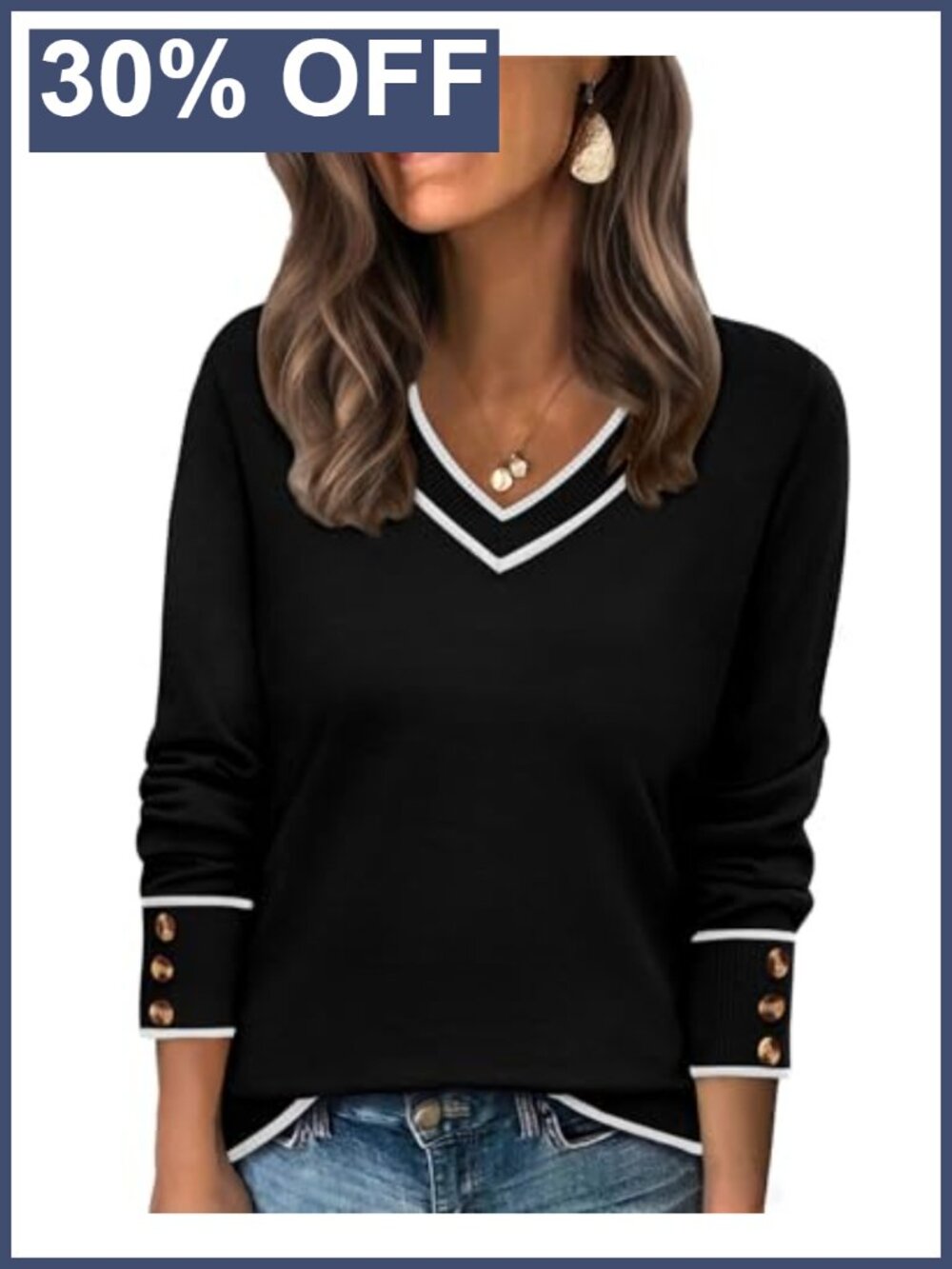 Lightweight V-Neck Sweater Pullover with Decorative Buttons